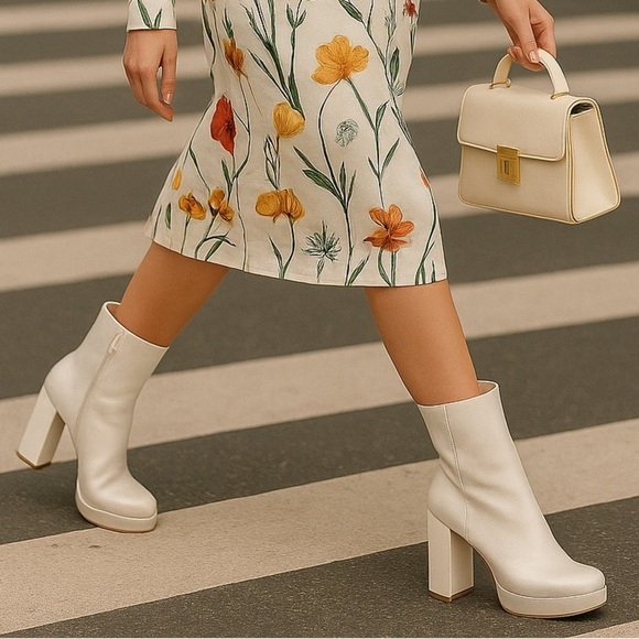 Guess BYRA Women’s Platform Block Heel Ankle Boots Ivory Patent, Size 6M NIB - Picture 1 of 11